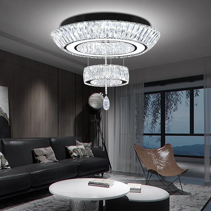Led 24'' Black Ring Crystal Chandelier,Modern Luxury 2 Tier Crystal Raindrop Chandeliers Lighting for Dining Living Room LED Dimmable 3000-6000K