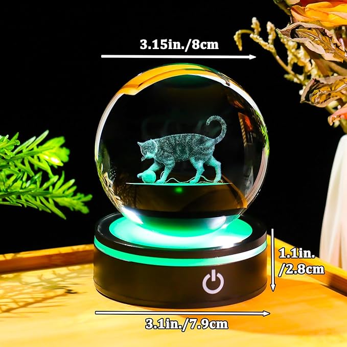 YWHL 3D Cat Figurine Crystal Ball with Colorful LED Base, Laser Engraved Cat Gifts for Women Men for Christmas Birthday, Cats Statue Glass Animal Decorative Ball for Home Decor (80mm)
