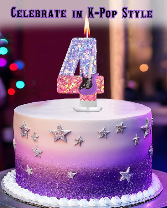 K-Pop Birthday Candle – Purple & Pink Glitter Music Theme Cake Candle with Guitar, Musical Party Decor for Girls, Teens, Kpop Fans (4)