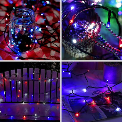 4th of July Patriotic Decoration, 500 LED Red White and Blue Lights with 8 Modes, Outdoor Waterproof String Lights for Fourth of July, Memorial Day, Independence Day Decor