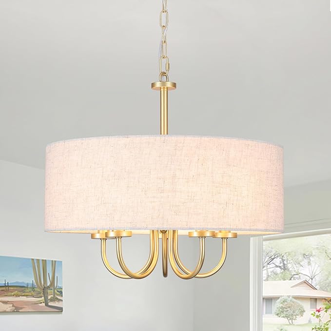 5 Lights Drum Chandelier Gold Farmhouse Chandelier with Shades 19" Large Pendant Light Fixtures Hanging Brass Round Chandeliers for Bedroom Dining Room Over Table Living Room Foyer Kitchen Island