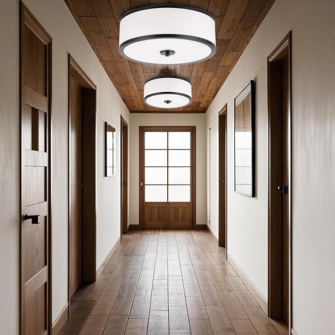 EdwarmLux 3-Light Flush Mount Ceiling Light Fixture, 12.6 " Drum Light with White Fabric Shade, Modern Close to Ceiling Light for Living Room Bedroom Dining Room Kitchen Hallway Entry (Matt Black)