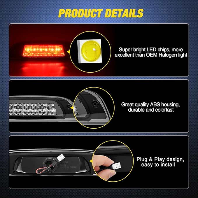 Nilight Third Brake Light Tail High Mount 3rd Stop Lights Smoked Lens Compatible with Jeep Liberty 2002 2003 2004 2005 2006 2007 Van SUV Rear Center Cab Lamp