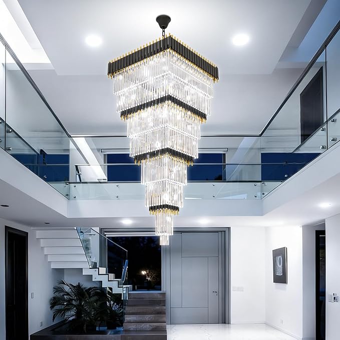W32in x H94.5in Large Black Gold Crystal Chandelier,Square Crystal Raindrop Chandelier High Ceiling Pendant Light for Entrance Villa Foyer Ceiling Lighting Fixtures
