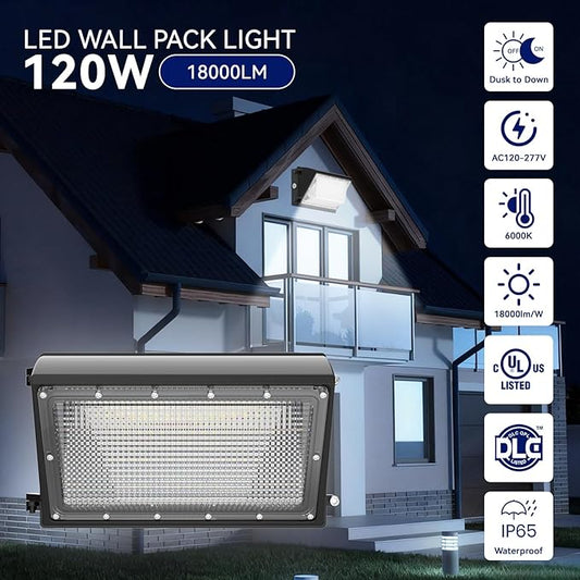 LED Wall Pack Light 120W, 18000LM 5000K Daylight, Outdoor Lighting with Dusk-to-Dawn Photocell, LED Wall Pack for Parking Lot, Warehouse, Yard, ETL Listed (120W - 4PACK)