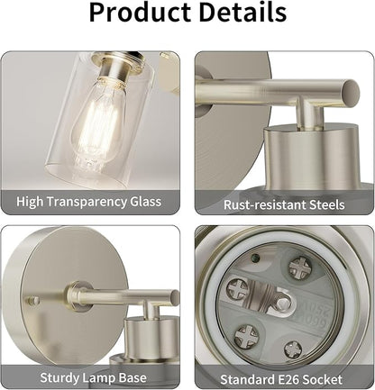BUTHY Bathroom Wall Sconces Set of Two: Brushed Nickel Vanity Light Fixtures with E26 Base LED Cordless Indoor Wall Mount Lamp for Mirror Bedroom Hallway Stairway Modern Decor Lighting