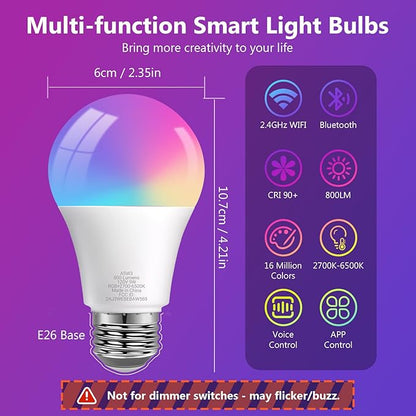 DAYBETTER Smart Light Bulbs, RGBCW Color Changing Smart Bulb Compatible with Alexa & Google Home,Preset Scene, Music Sync, A19 E26 2.4G WiFi Bluetooth Dimmable LED Bulbs, 60W Equivalent, 800LM, 4 Pack