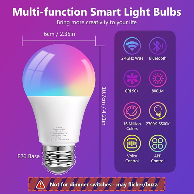 DAYBETTER Smart Light Bulbs, RGBCW Color Changing Smart Bulb Compatible with Alexa & Google Home,Preset Scene, Music Sync, A19 E26 2.4G WiFi Bluetooth Dimmable LED Bulbs, 60W Equivalent, 800LM, 6 Pack