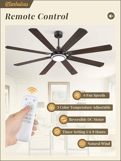 Fanbulous 72 Inch Ceiling Fans with Lights and Remote, Oil Bronze Ceiling Fan with 8 Dual-Color Blades, Indoor/Outdoor Large Ceiling Fans, Reversible DC Motor, 6-Speed, 3CCT for Living Porch Patio