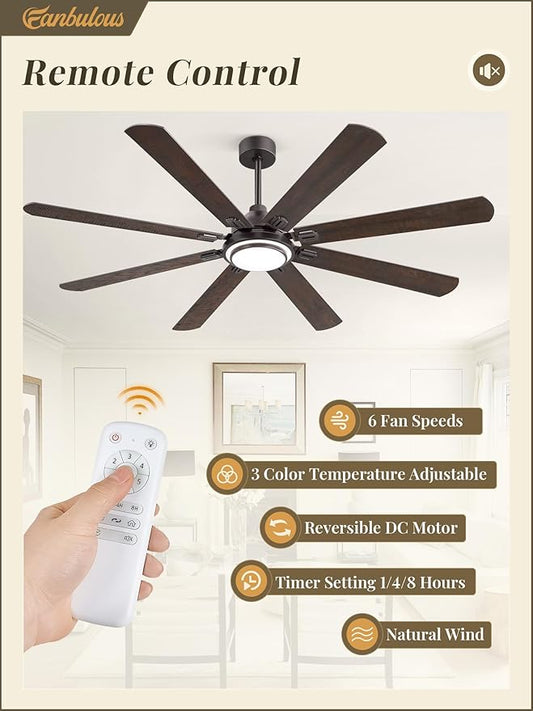 Fanbulous 72 Inch Ceiling Fans with Lights and Remote, Oil Bronze Ceiling Fan with 8 Dual-Color Blades, Indoor/Outdoor Large Ceiling Fans, Reversible DC Motor, 6-Speed, 3CCT for Living Porch Patio