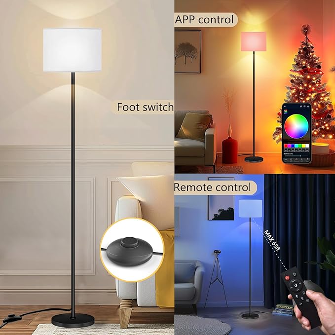 Qaubauyt Smart LED Floor Lamp with APP Control & RGB Colors - Dimmable Standing Lamp for Living Room, Bedroom, Gaming - Remote, Timer, 9W Bulb Included, 60.6" Modern Tall Lamp (White)