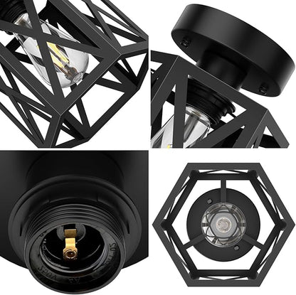 2 Pack Modern Semi Flush Mount Ceiling Light,Hexagon Flush Mount Ceiling Lights for Dining Room Light Fixture,Farmhouse Black Metal Kitchen Island Lighting Fixtures for Hallway,Bathroom