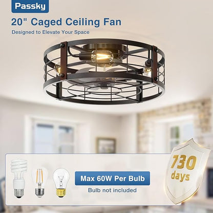 Passky 20" Farmhouse Flush Mount Ceiling Fans with Lights and Remote, Industrial Black Caged Low Profile Fandelier, 6 Speeds Bladeless Ceiling Fan for Bedroom, Kitchen, Living Room