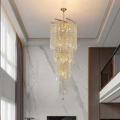 Modern Crystal Chandelier Gold Spiral Chandeliers for Dining Room, 4 Tiers Ceiling Pendant Light Fixtures, Golden Large Raindrop Chandelier for Foyer Living Room Entryway Staircase, H62 x D21.6