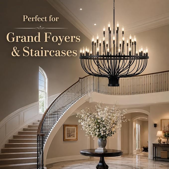 Shandaglo Large Chandelier for High Ceilings, 48-Light Black Wagon Wheel Chandelier, 47.2 Inch 3-Tier Extra Farmhouse Dining Room Light Fixture for Foyer, Living Room, Entryway
