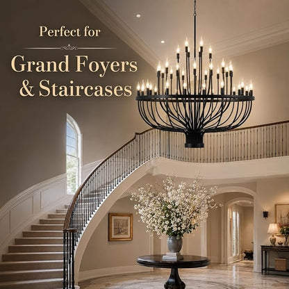 Shandaglo Large Chandelier for High Ceilings, 48-Light Black Wagon Wheel Chandelier, 47.2 Inch 3-Tier Extra Farmhouse Dining Room Light Fixture for Foyer, Living Room, Entryway