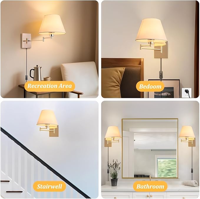 Rose Gold Wall Sconce Plug in, Swing Arm Wall Lamp with Beige Fabric Shade for Living Room Doorway Study Room Bedroom Bedside Reading Wall Light Fixtures with On/Off Switch