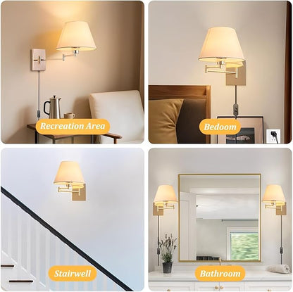 Rose Gold Wall Sconce Plug in, Swing Arm Wall Lamp Set of Two Mid-Century Modern Wall Light Fixtures with Beige Fabric Shade for Living Room Doorway Study Room Bedroom Reading Lamps with Switch