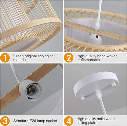 Boho Rattan Pendant Lights, 15.8" Coastal Drum Wicker Hanging Light Japanese Country Light for Dining Room Kitchen Living Room Bedroom, 1-Light E26 Base
