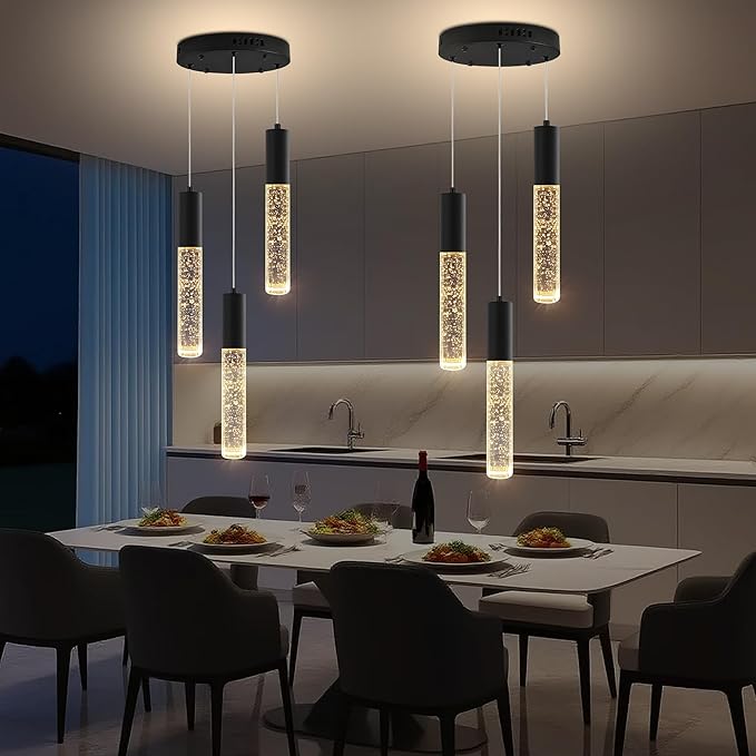 Modern Crystal Chandelier for Kitchen Island 3-Lights, Elegant Black LED Bubble Pendant Lighting Fixture for Dining Room Bedroom Entryway