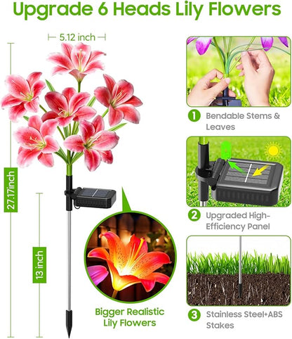 LETMY 8 Pack Solar Garden Lights, Solar Flower Lights with 6 Head Bigger Lily Lights, IP65 Waterproof Solar Lights Outdoor, Decorative Lights for Garden, Patio, Yard, Flower Bed