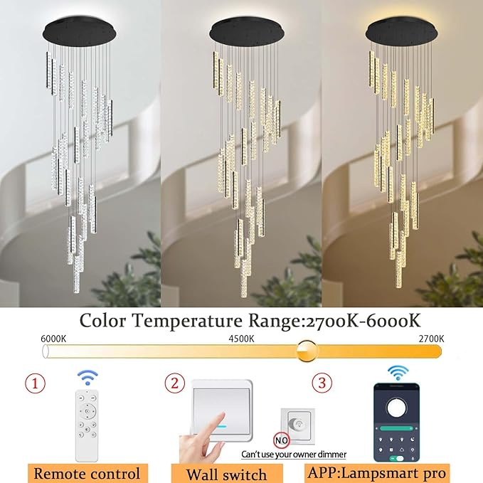 Large Spiral Stair Chandelier High Ceiling Modern LED Dimmable Crystal Chandelier Lighting for Foyer Villa Hallway 25-Light Black
