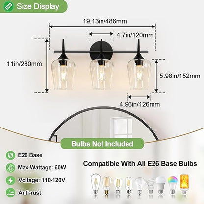 MOKATNG 3-Light Bathroom Light Fixtures, Black Vanity Lights for Bathroom with Clear Glass, 19.5 Inch Bathroom Lighting Fixtures Over Mirror, Modern Wall lamp for Cabinet Hallway