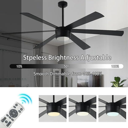SHOWDI Ceiling Fan with Lights and Remote, 6 Blade App Control Timer Reversible Stepless Brightness and Color Temperature Outdoor Wood Ceiling Fan with Lights (Black, 72 Inch)