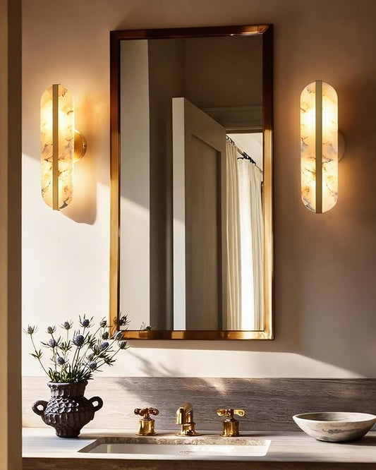 15.7" Natural Alabaster Wall Sconces Marble Wall Sconces Gold Bathroom Vanity Wall Light Fixtures Modern Oval Stone Wall Lamp for Bedroom Living Room Hallway Restaurant Stairs
