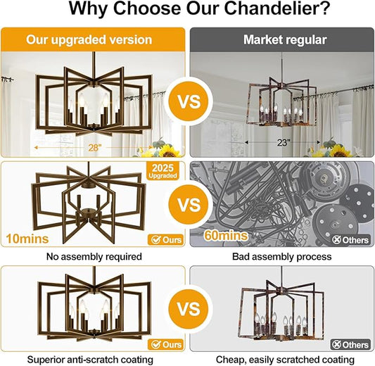 28" Modern Oil-Rubbed Bronze No Assembly Required Chandelier for Dining Room, Bronze Dining Room Light Fixture Over Table, Industrial Metal Hanging Pendant Light for Kitchen Island, Entryway, Foyer