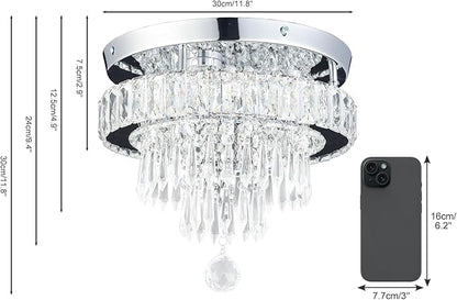 11.8" Dimmable Crystal Chandelier Crystal Ceiling Light Modern Chandeliers Flush Mount Ceiling Light Lamp Fixture for Dining Room Living Room Bedroom Hallway Remote Control