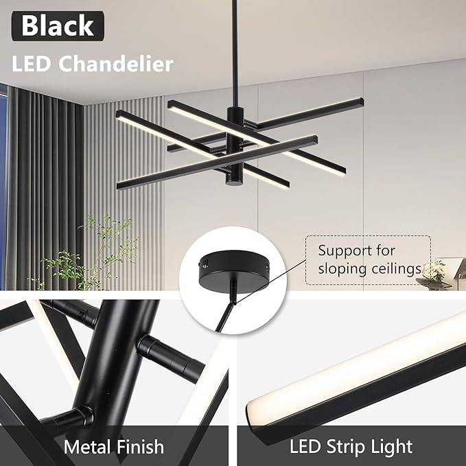 Modern Black Chandelier Light Fixtures: LED 4-Light Sputnik Dining Room Chandeliers Linear Pendant Lights Fixture Over Table Dimmable with Remote for Kitchen Island Living Room