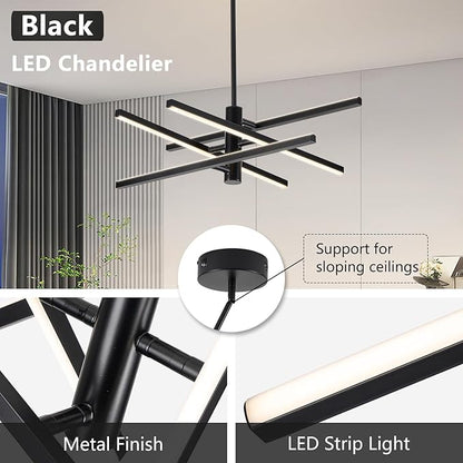 Modern Black Chandelier Light Fixtures: LED 4-Light Sputnik Dining Room Chandeliers Linear Pendant Lights Fixture Over Table Dimmable with Remote for Kitchen Island Living Room