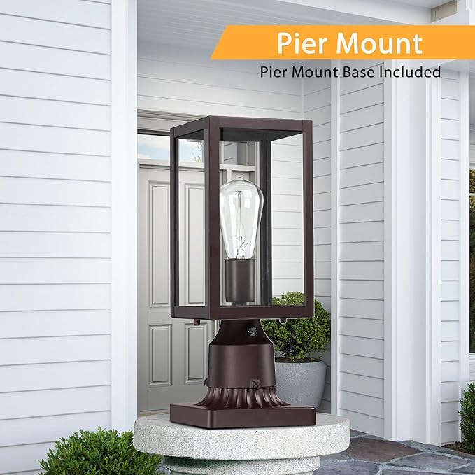 Dusk to Dawn Outdoor Post Lights with Pier Mount Base 2-Pack, Modern Lamp Post Light Fixture Waterproof Pole Lights Outdoor Column Lights Exterior Post Lantern with Clear Glass for Garden Patio, Brown