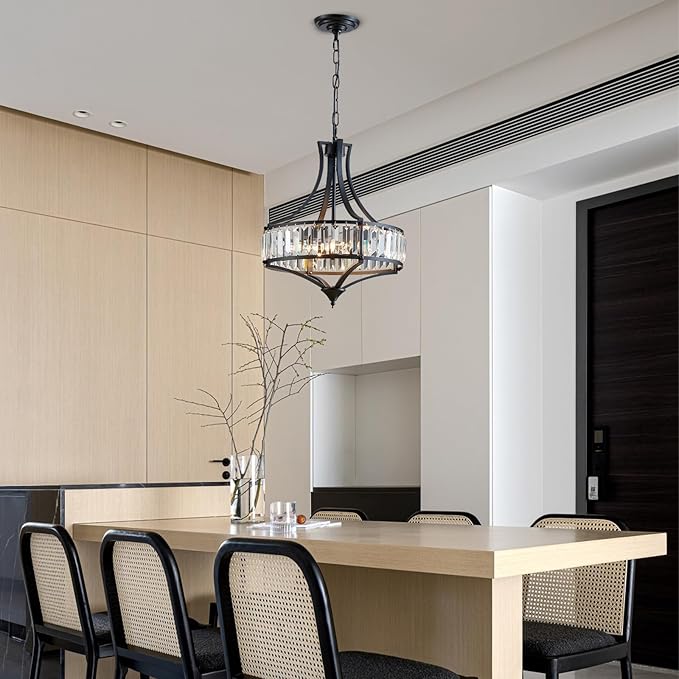 Crystal Chandeliers for Dining Room, Round Rustic Farmhouse Chandelier, Metal Shade, 4-Light Modern Chandelier for Hallway, Bedroom, Foyer Black