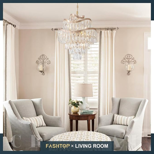 12 Lights 7-Tier K9 Crystal Gold Chandelier 20" Modern Pendant Chandelier Lighting Crystal Light Fixtures for Living Room Dining Room Bedroom Kitchen Foyer Entryway, E12