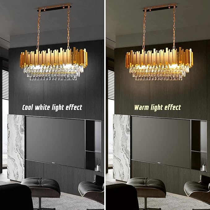 FRIXCHUR Modern Crystal Chandeliers 3-Tier Gold Crystal Chandeliers Oval Pendant Light Brass Chandelier for Dining Room Kitchen Island Living Room