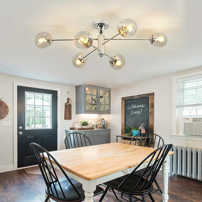 hesoge Modern Sputnik Ceiling Lights 6 Light Semi Flush Mount Ceiling Fixture with Glass Globes Chrome Chandelier for Dining Room Bedroom Living Room Kitchen Farmhouse.