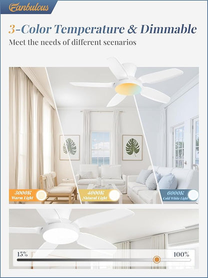 Fanbulous Ceiling Fans with Lights, 42 inch Low Profile Flush Mount Ceiling Fan with Remote/APP Control,Black Modern Ceiling Fan with LED Light for Bedroom Indoor Outdoor-LED Dimmable, 3CCT, 6 Speeds