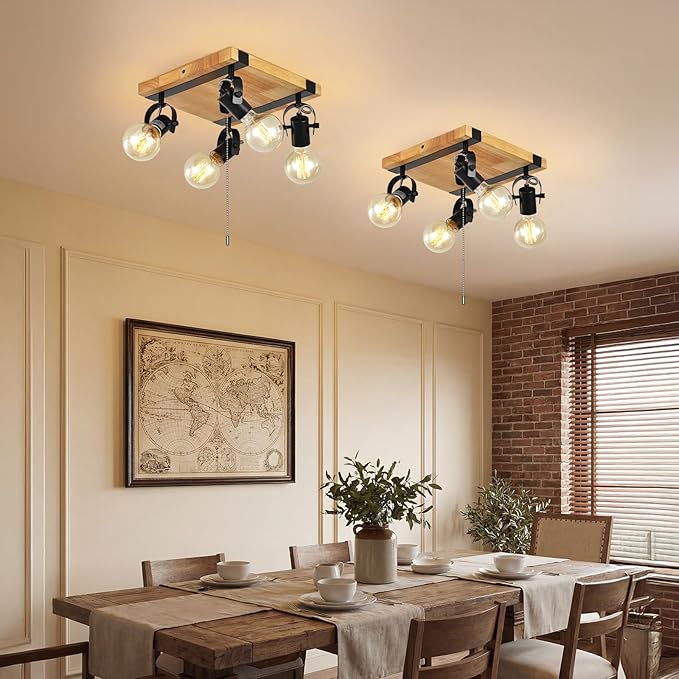 Farmhouse Flush Mount Ceiling Light with Pull Chain,4-Light Directional Ceiling Spotlight Rustic Track Light Kits, Wood Pull String Light Fixtures for Kitchen Bathroom Bedroom Hallway