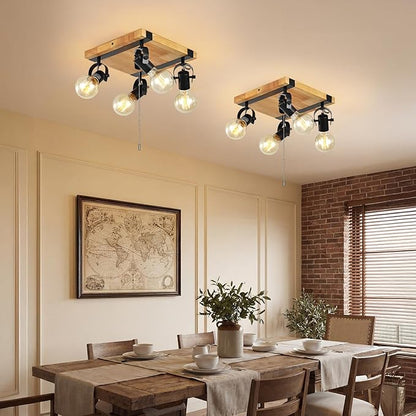 Farmhouse Flush Mount Ceiling Light with Pull Chain,4-Light Directional Ceiling Spotlight Rustic Track Light Kits, Wood Pull String Light Fixtures for Kitchen Bathroom Bedroom Hallway