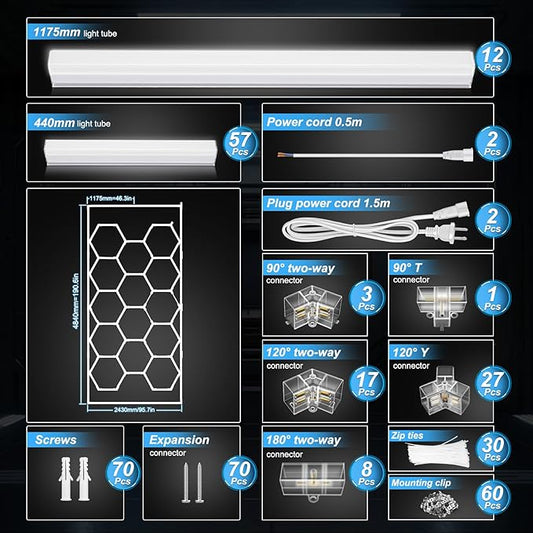 FERUERW Hexagon Garage Lights 3 Level Dimmable with Rectangle Frame, High Brightness 672W 26000 to 86400LM 6500K, 14 Hex Grid for Garage, Shop, Basement, Car Detailing Shop etc. with Mounting Clip