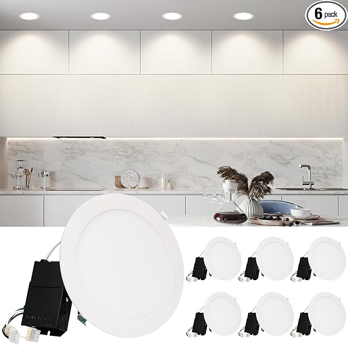 TORCHSTAR Premium Series 8 Inch Ultra-Thin LED Recessed Ceiling Light with J-Box, 18W 10%-100% Dimmable Recessed Downlight, Aluminum, 4000K Cool White, CRI90, ETL & ES Listed, White, Pack of 6