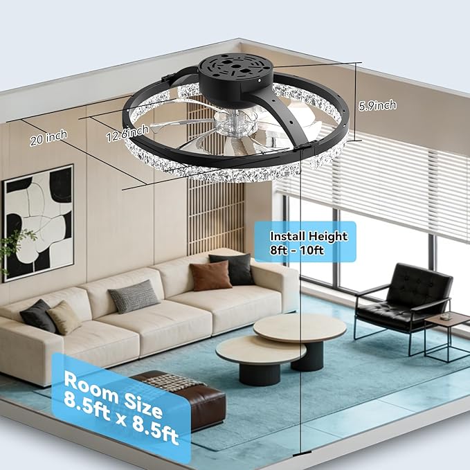 AIKVSXER Ceiling Fans with Lights,20 Inch Low Profile Fandelier with APP Control, Ultra Quiet,3CCT and 6 Wind Speeds for Bedroom, Living Room Modern Flush Mount Fan Light (Black, 20inch-Crystal Fold)