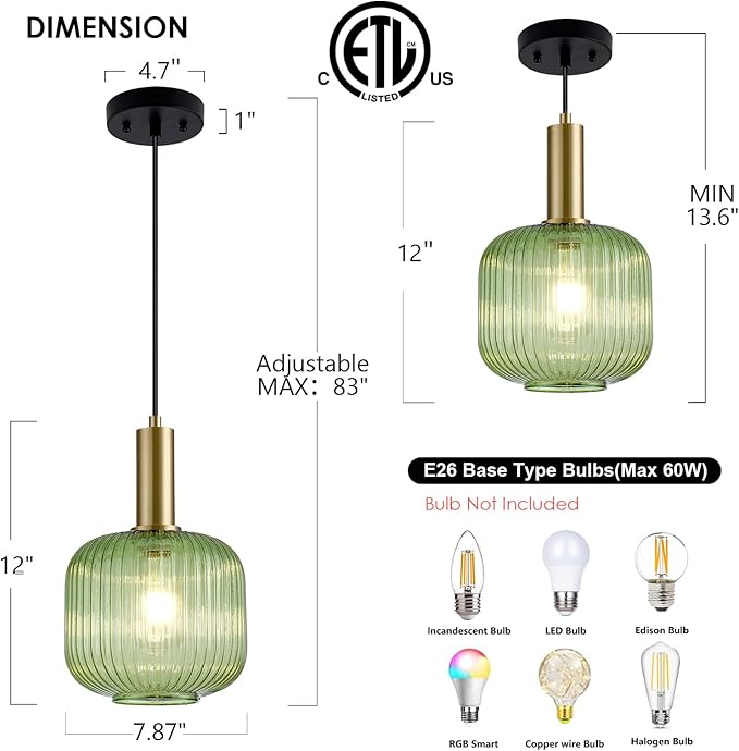 8 Inch Green Glass Pendant Lights Small Modern Chandelier Pendant Lighting Mid Century Hanging Lights Adjustable Kitchen Island Light for Dining Room Bedroom Hallway