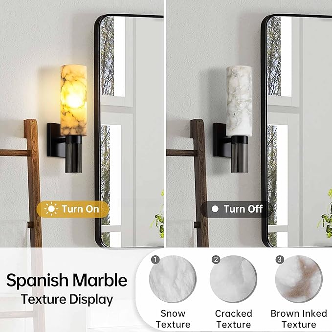 Modern Alabaster Sconce Marble Wall Sconce for Living Room Black Base Bathroom Vanity Wall Sconce Lighting Stone Marble Wall Lamp for Bedroom Corridor Stairs Restaurant