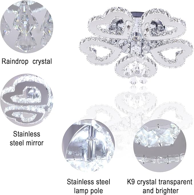 5 Heart Ring Crystal Ceiling Light, Modern LED Flush Mount Chandelier with K9 Crystals Cool White Stainless Steel Light Fixture for Living Room, Bedroom, Dining Room