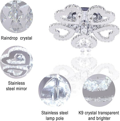 5 Heart Ring Crystal Ceiling Light, Modern LED Flush Mount Chandelier with K9 Crystals Cool White Stainless Steel Light Fixture for Living Room, Bedroom, Dining Room