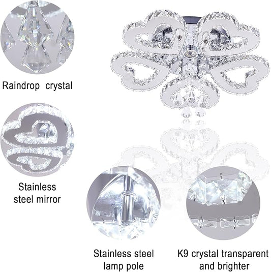 5 Heart Ring Crystal Ceiling Light, Modern LED Flush Mount Chandelier with K9 Crystals Cool White Stainless Steel Light Fixture for Living Room, Bedroom, Dining Room