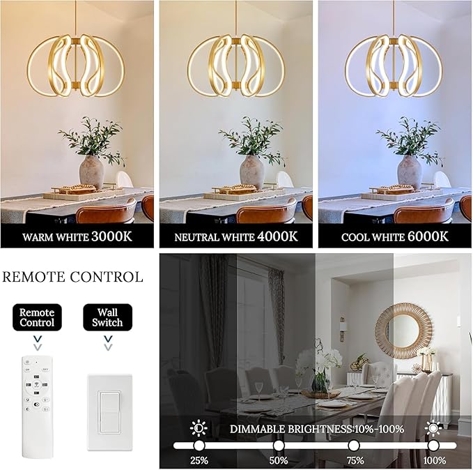 Modern Gold Chandelier with Remote Control, 69W 3-Color Temperature Dimmable LED Chandelier for Dining Room, Hanging Adjustable Pendant Light for Living Room Kitchen Foyer Entryway